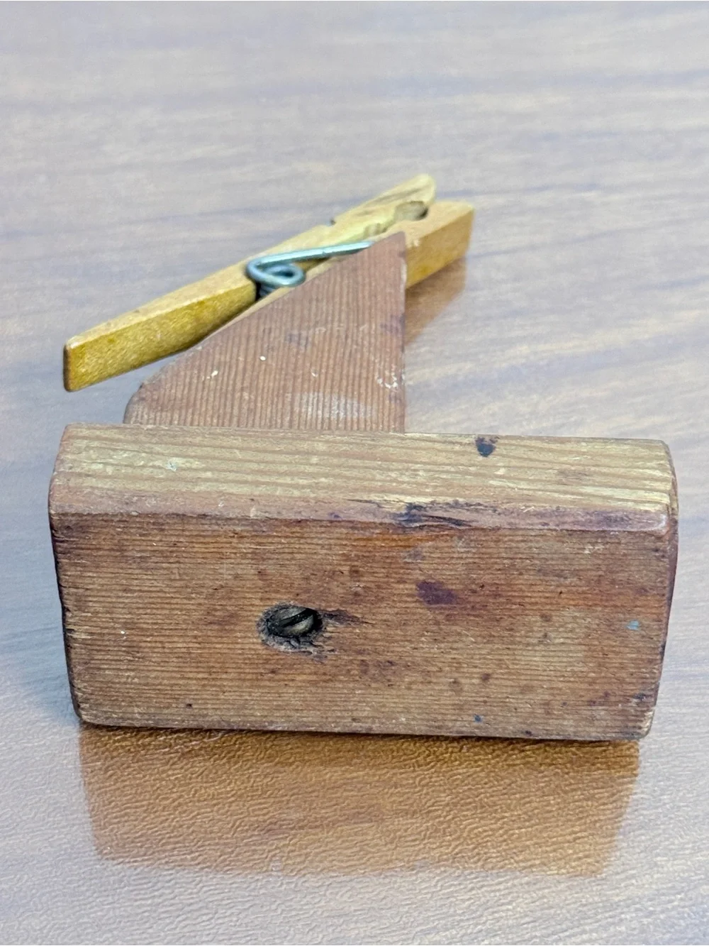 Vintage Handmade Wooden Clothespin Recipe Card Holder on Wooden Base